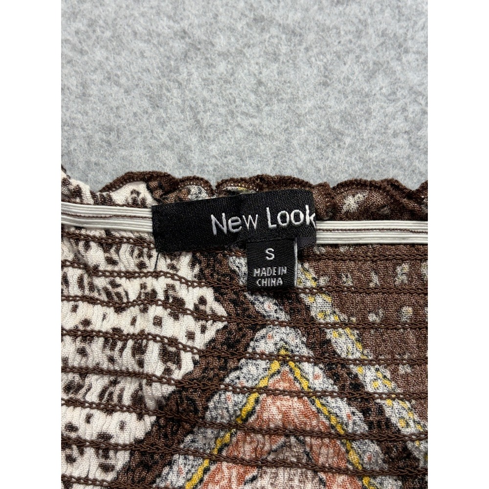 New Look Smocked Tube Top Brown Yellow Patchwork Handkerchief Hem Boho Small - Picture 2 of 9